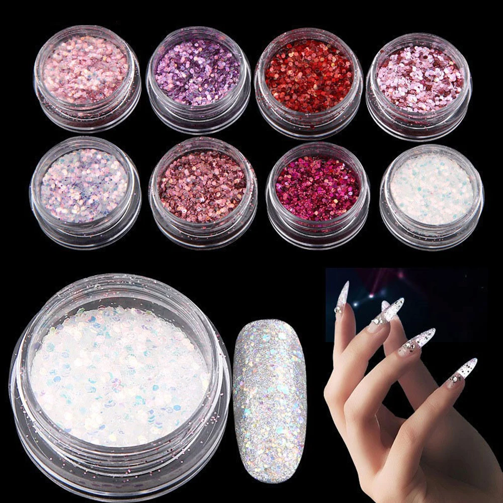 

8Color/Set Holographic Chunky Glitter 1mm 2mm 3mm Ultra-thin Slice Flakes Cosmetic Sequin For Face Body Hair Nails Craft Glitter