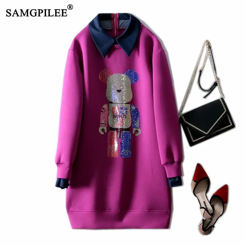 

Платье SAMGPILEE на новый год 2022, джинсовое модное мультяшное популярное стразы, милые прямые защитные Хлопковые женские платья с отворотами