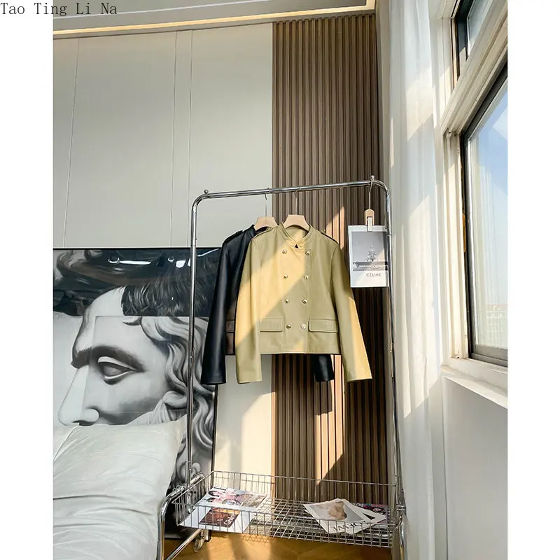 2023 Women New High Quality Genuine Sheep Leather Jacket Small Gold Button Real Sheepskin Leather Coat W18