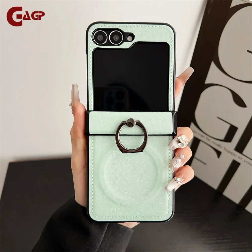 Enhanced Leather Magnetic Ring Holder Phone Case with Stand - Shockproof Cover for Samsung Z Flip Series