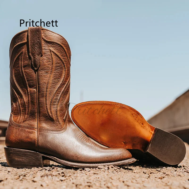 Stivali da Cowboy per Uomo Vintage Slip-on Scarponi Western Punta a Punta Ricamo Stivali a metà Polpaccio,Marrone,41 EU