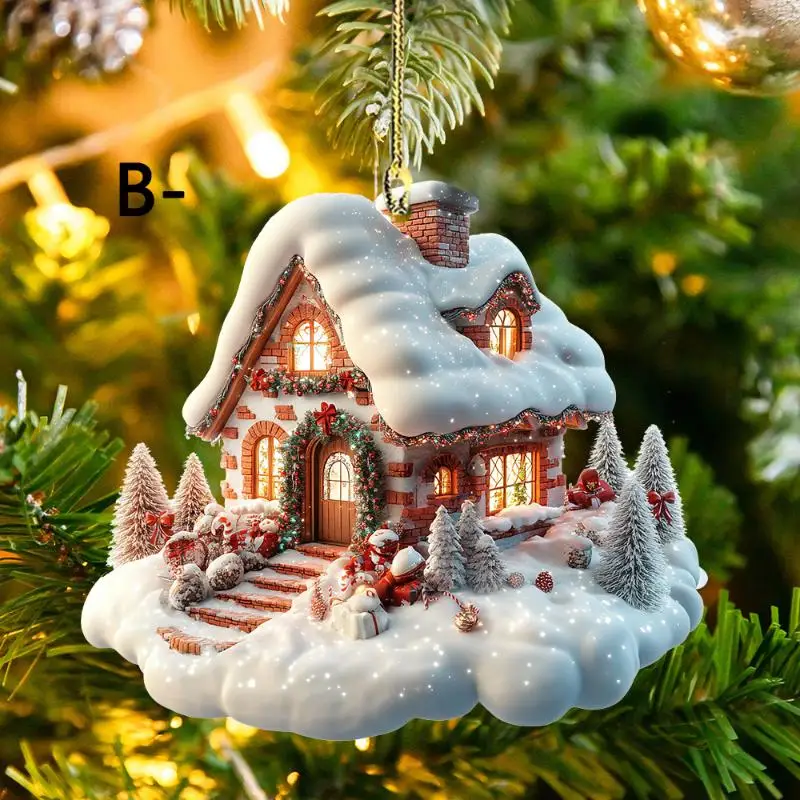 Snow House Christmas Tree Hanging Ornament Holiday Party Decorations For Xmas Tree Pendant 2D Acrylic Flat Christmas Pendant