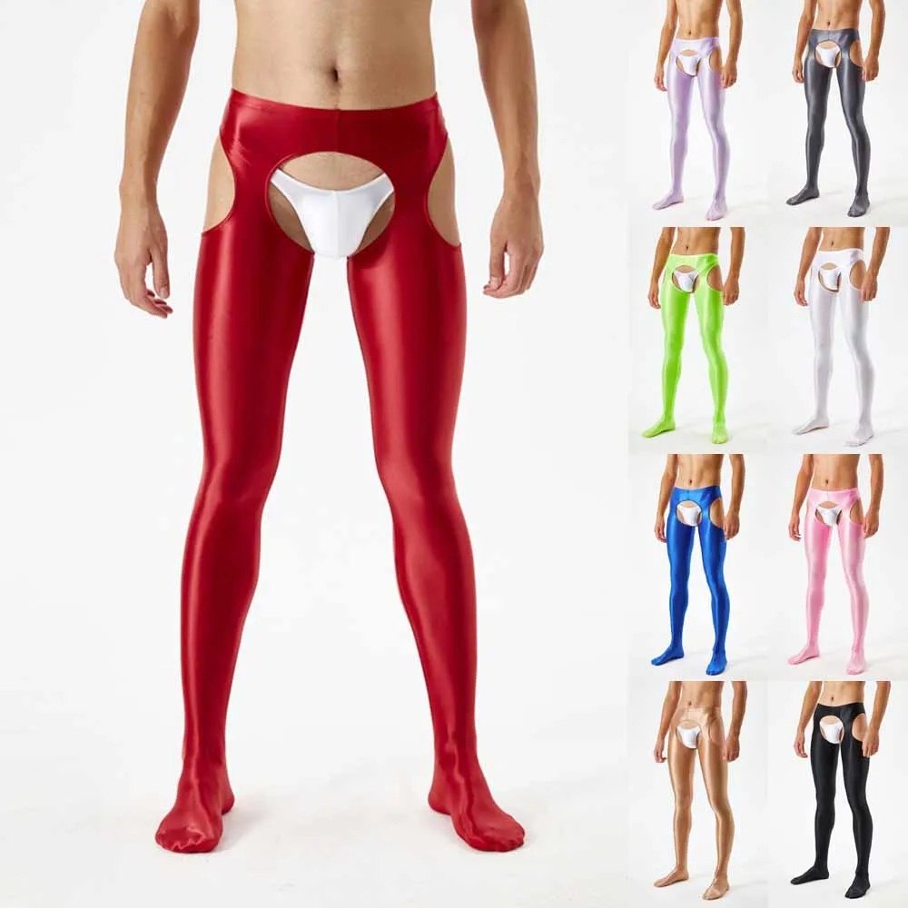 Men Women Oil Shiny Pantyhose Male Sexy Sheer Open Crotch Wet Hollow Tights Leggings Pants Thin Exotic Socks Night Club Wear