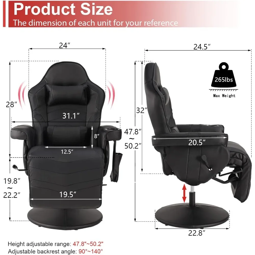 Massage Gaming Recliner Chair, Ergonomic Backrest & Seat Height Adjustment Swivel Recliner, PU Leather High Back Computer Chair 5