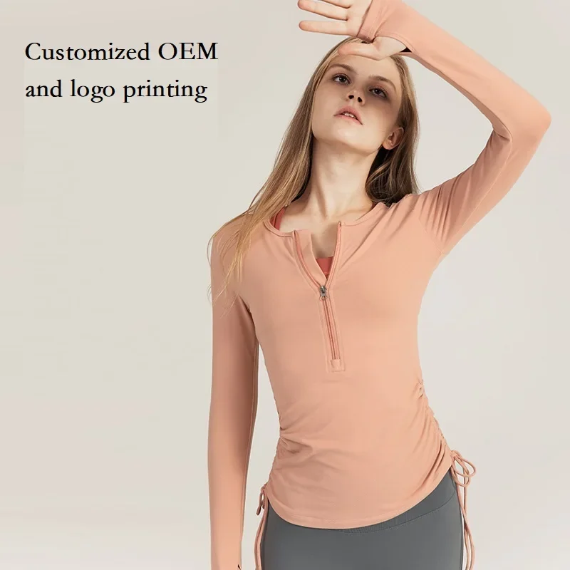 Women Long Sleeve Shirt Half Zip Drawstring Yoga Tennis Tops Ladies Sports Activewear Round Neck Running Blouse for Fitness