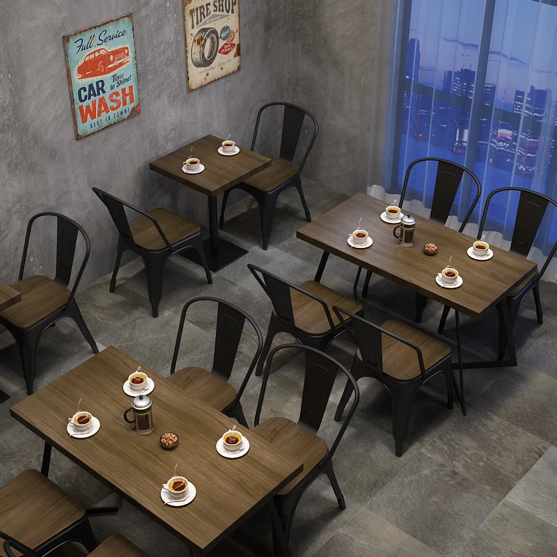 Solid Wood Commercial Round Table Retro Dining Room Table and Chair Combination