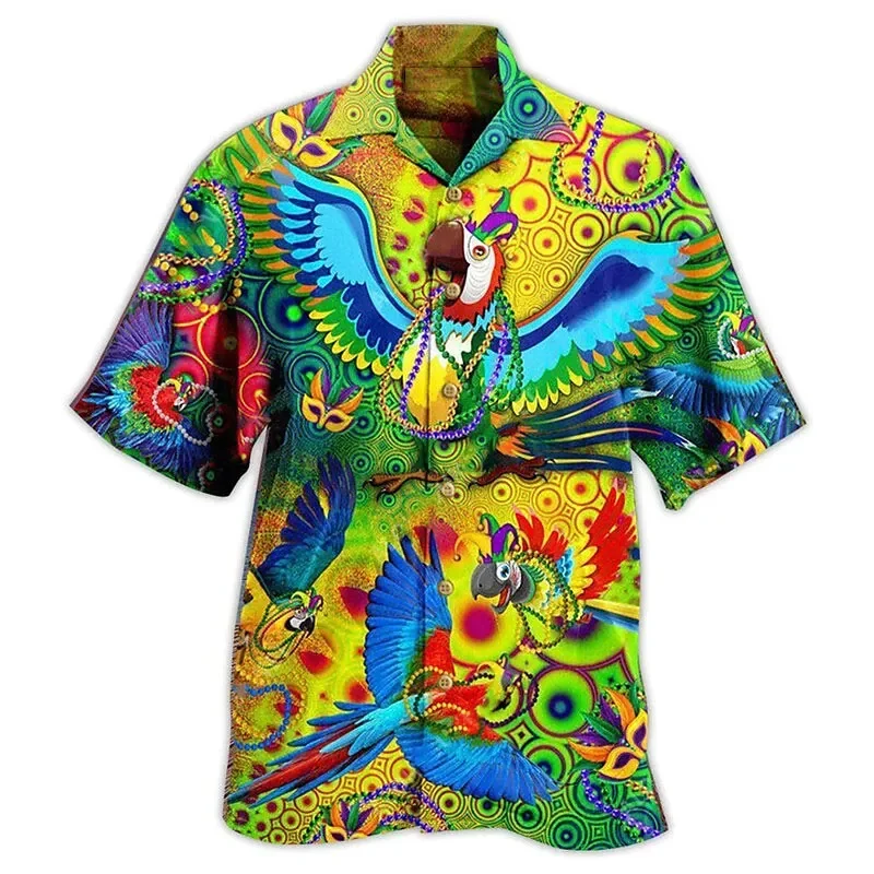 thumbnail image 1 of Camisetas hawaianas con estampado de loros en la playa para hombre, ropa de moda, camisetas de vacaciones de manga corta con estampado 3D de animales de cocoteros hawaianos, 1 of 5