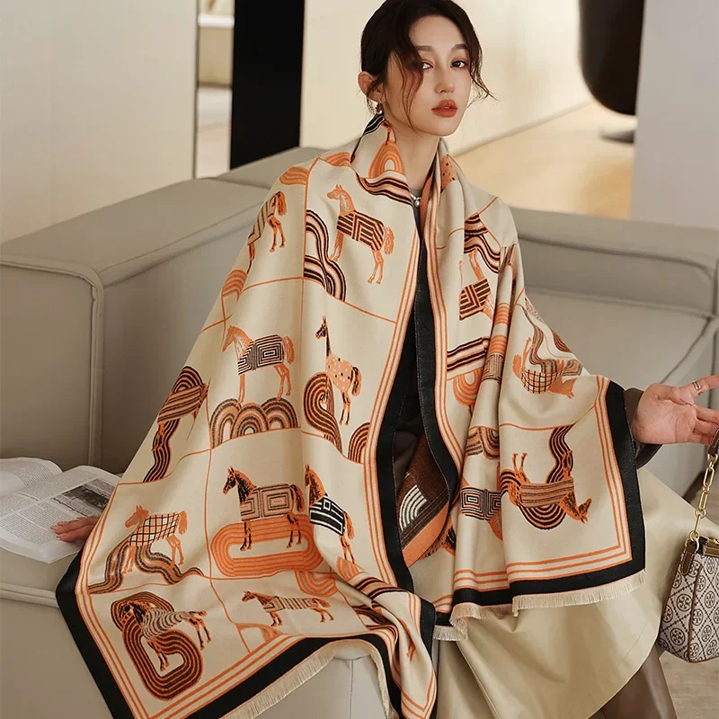 2024 Luxury Brand Wool Women Scarf Cashmere Stole Animal Horse Print Scarves Female Winter Warm Pashmina Blanket Wraps Hijab