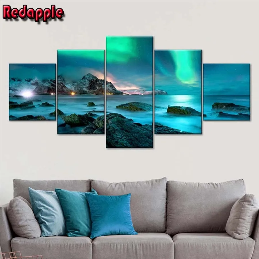 Kit A Punto Croce Con Mosaico Ricamato A Forma Di Diamante, Lofoten Mozzafiato, Aurora Boreale, Pittura Diamantata Fai Da Te 5D, Decorazione Per La Ca