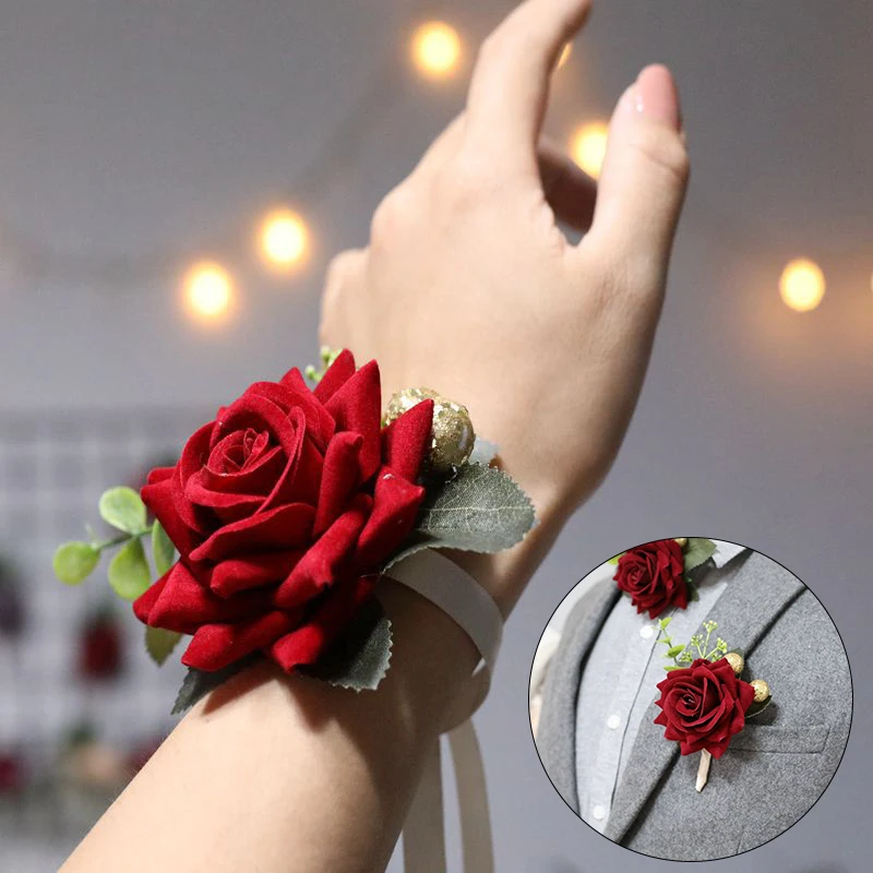 Bridesmaids Fabric Wrist Flowers Bride Rose Hand Bracelet Wristband Wedding Party Groom Boutonniere Floral Corsage Decoration