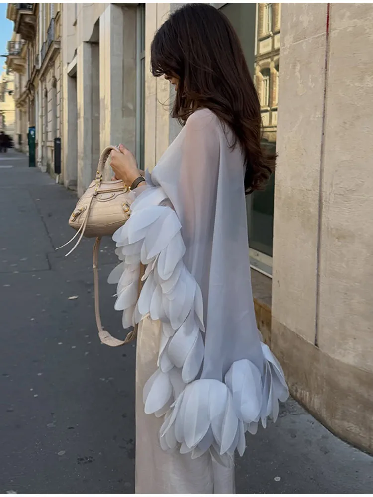 French Romantic Sheer Blouse Floral Petal Trim Loose Women Tops Designers Vintage Female Stylish Elegant Casual Chic Outfits 6