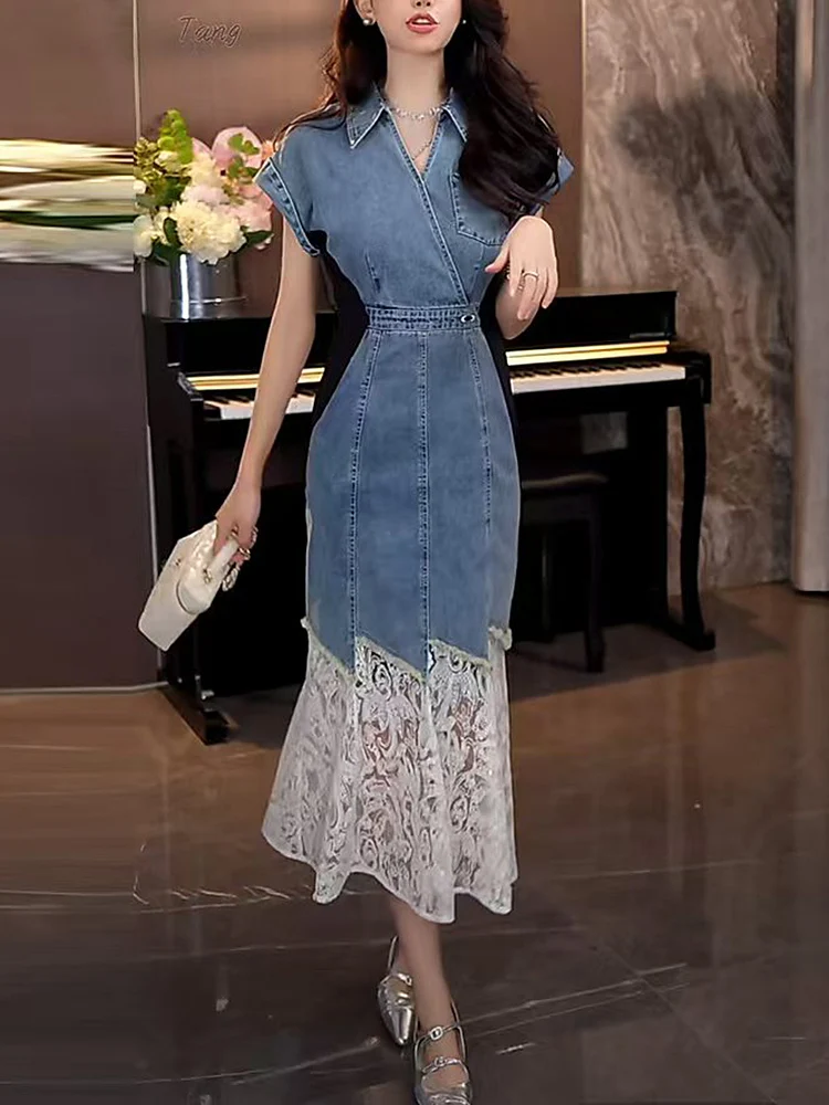 chinese dress ladies Lace Denim Maxi Dress