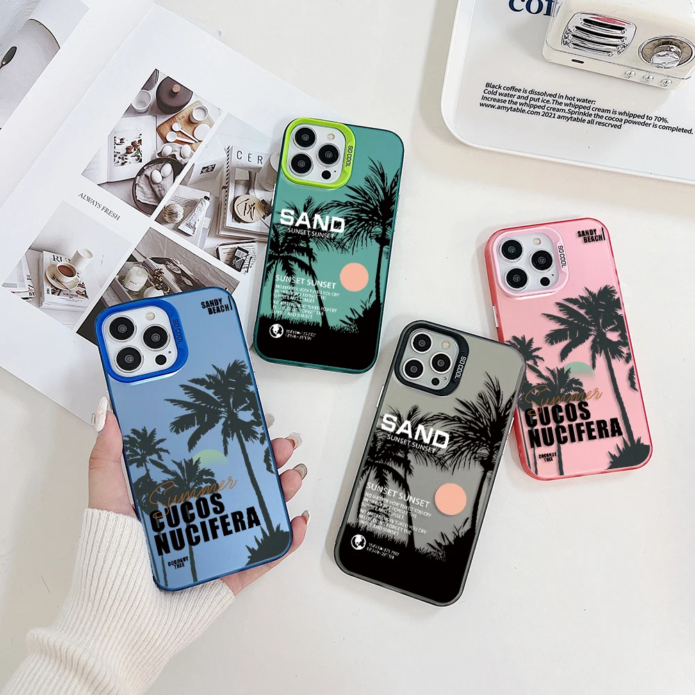 Custodia Per Telefono Sunset Coconut Tree Per Iphone 13 12 11 15 14 Pro Max Plus Lens Bordo Creativo Placcato Argento All'Interno Della Copertura Rigi