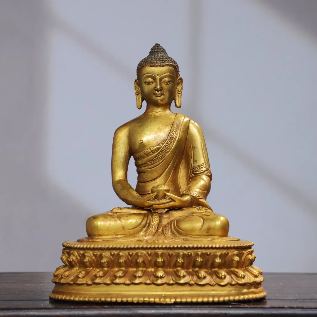 

8"Tibet Temple Collection Old Bronze Cinnabar Gilded Sakyamuni Amitabha Buddha Lotus Terrace Sitting Buddha Worship Hall
