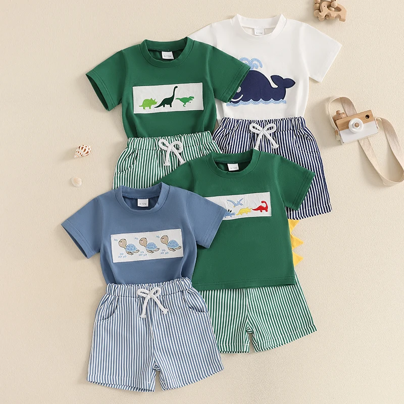 Lioraitiin Toddler Baby Boy Shorts Set Whale/Dinosaur/Turtle Short Sleeve T-shirts Striped Elastic Waist Shorts Summer Outfit 1
