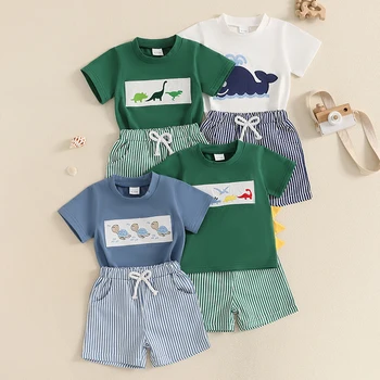 Lioraitiin Toddler Baby Boy Shorts Set Whale/Dinosaur/Turtle Short Sleeve T-shirts Striped Elastic Waist Shorts Summer Outfit 1