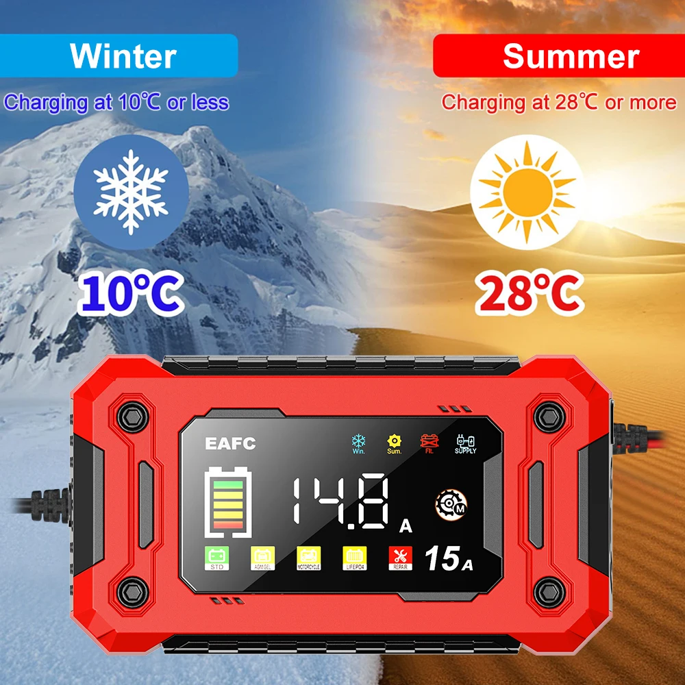 Smart 12V 15A Battery Charger with Large LCD Display for Various Vehicles and Battery Types