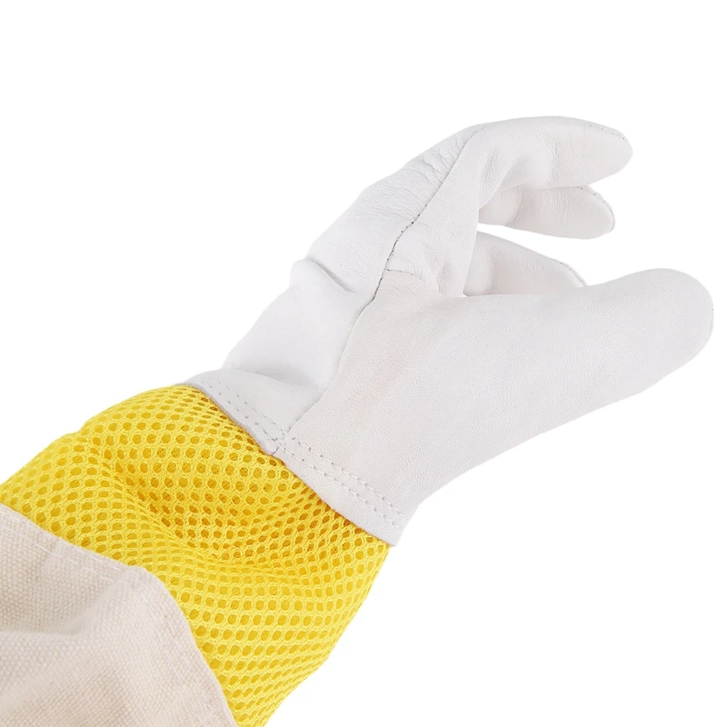 ABHG-Beekeeping Gloves Beekeeping Tools White Leather Golden Yellow Mesh Short Mesh Breathable Gloves Bee Protection Tools