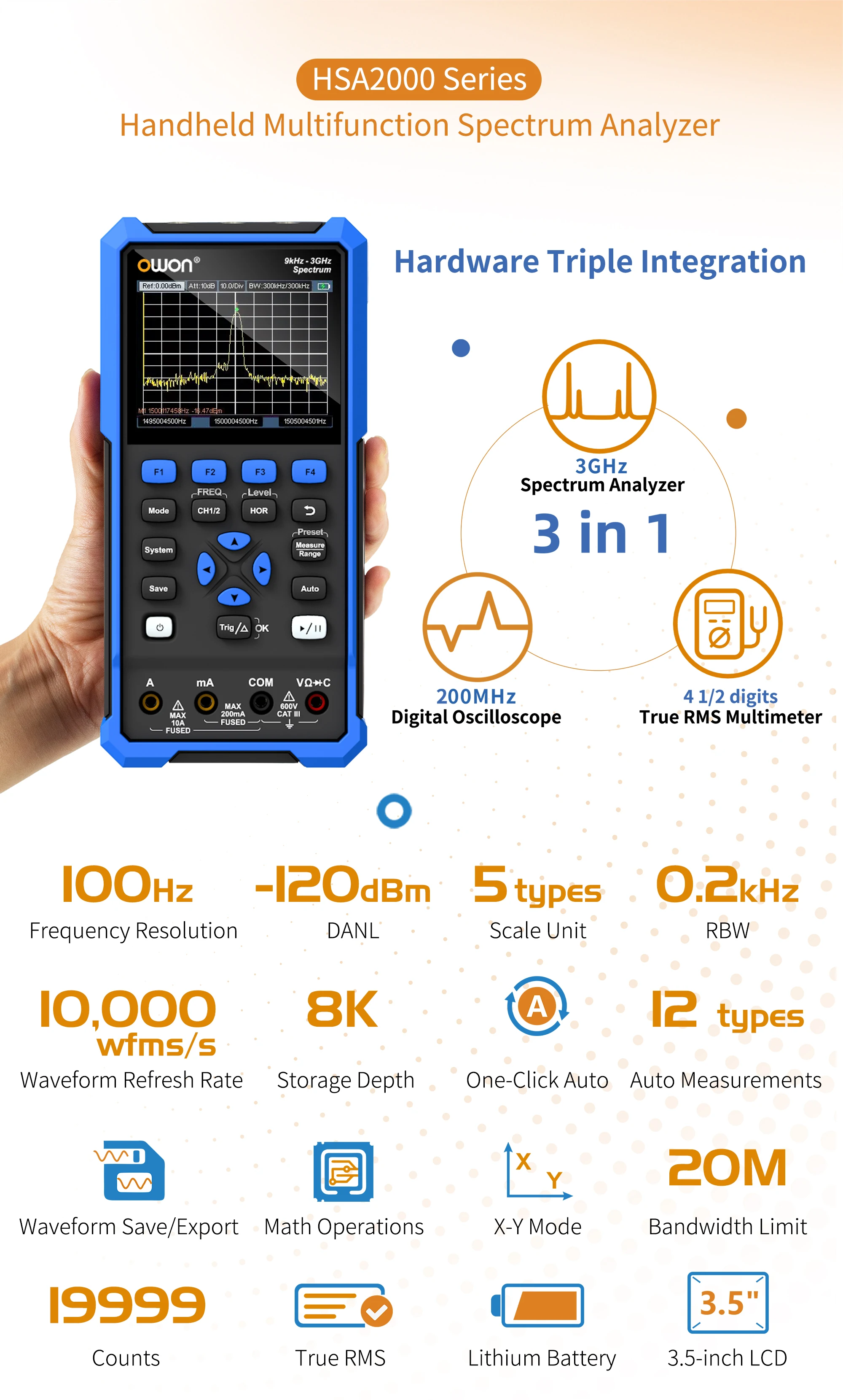 HSA2320 HSA2105 Handheld Spectrum Analyzer, 1.5G/3G Oscilloscope, 50 - 200M Band