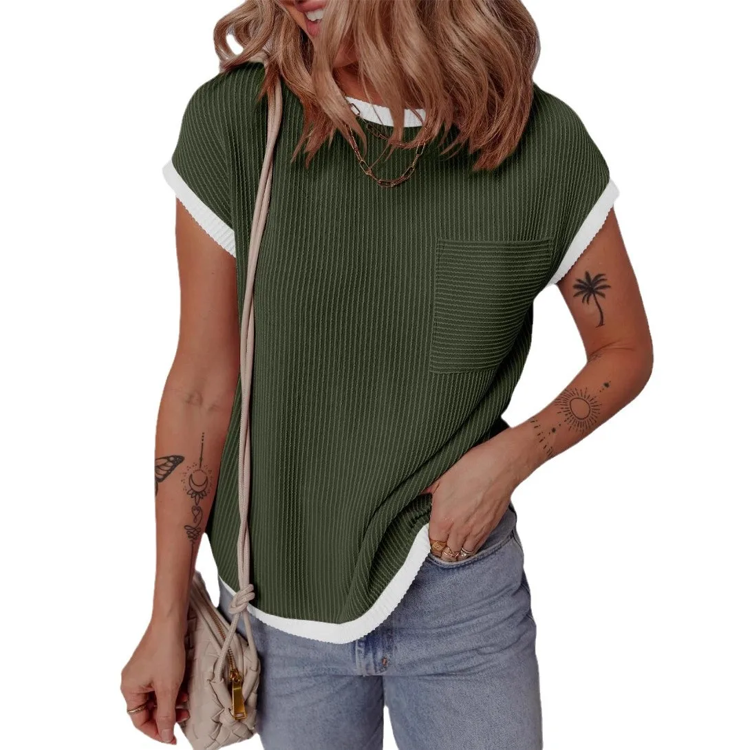 Green Rib Knitted Patchwork Striped Pocket Tshirt for Women