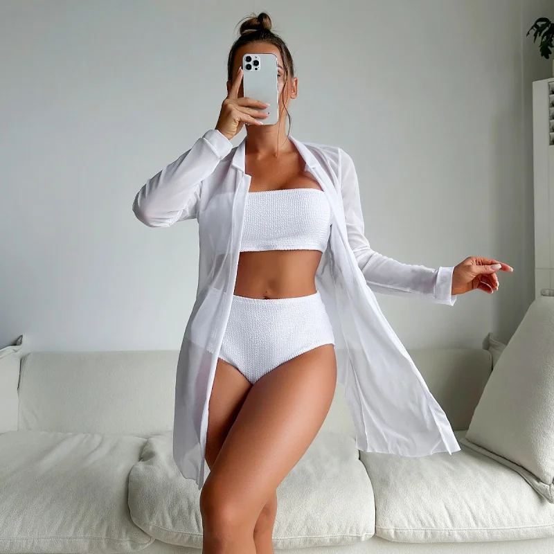 2024 New Swimsuit Women's Split High Waist Pure Color Bikini Internet Celebrity Blouse Ins Long Sleeve Swimsuit