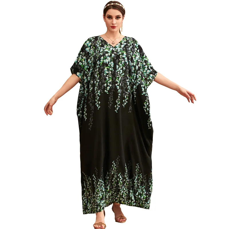 Black Muslim Dress Woman Loose Turkey Print Robe Women Batwing Short Sleeve O Neck Pleated Casual Party Islamic Clothing