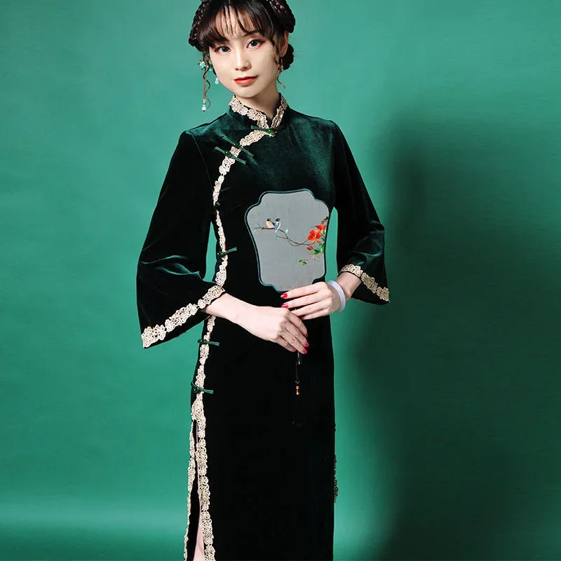 

Ethnic Style Women Chinese Dress Hanfu Traditional Elegant Modern Improve Female Long Cheongsam Dark Green Vintage Fashion Qipao