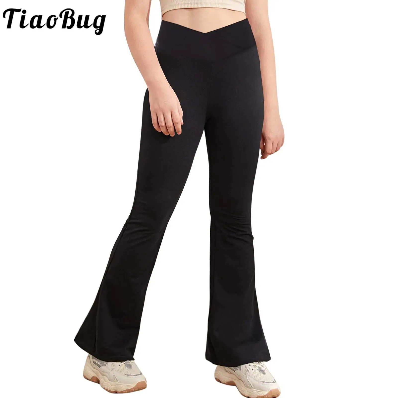 

Kids Girls Fashion High Waist Bell-Bottomed Leggings V-Shaped Waistband Flared Pants Casual Solid Color Breathable Yoga Trousers