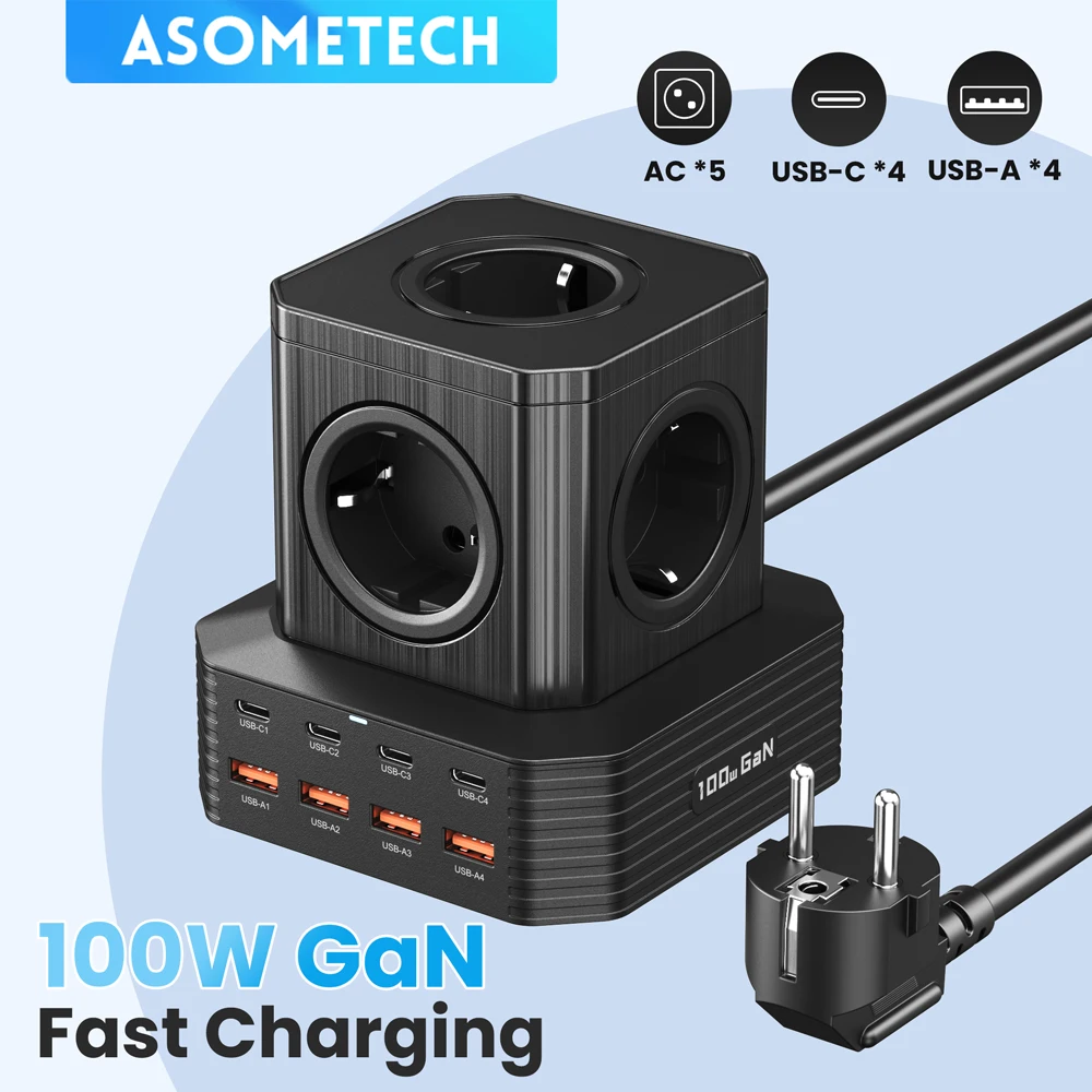 

100W Fast USB C Charger 4000W Power Strip Tower with 5 AC Outlets / 8 USB-C / A Ports PD PPS QC3.0 Chargers for IPhone Samsung