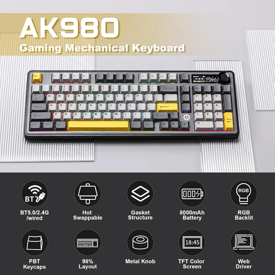 Ajazz AK980 Teclado mecânico para jogos sem fio com tela colorida