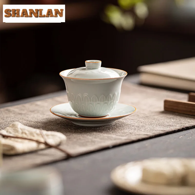 115ml Handmade Relief Lotus Petal Gaiwan Zen Anti Scald Three Talent Tea Tureen Tea Brewing Cover Bowl Ceremony Collection