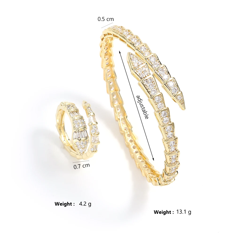Luksusowa błyszcząca AAA sześcienne bransoletka z cyrkonii i węża zestaw pierścieni dla kobiet w kolorze srebrnym zestaw biżuterii na wesele