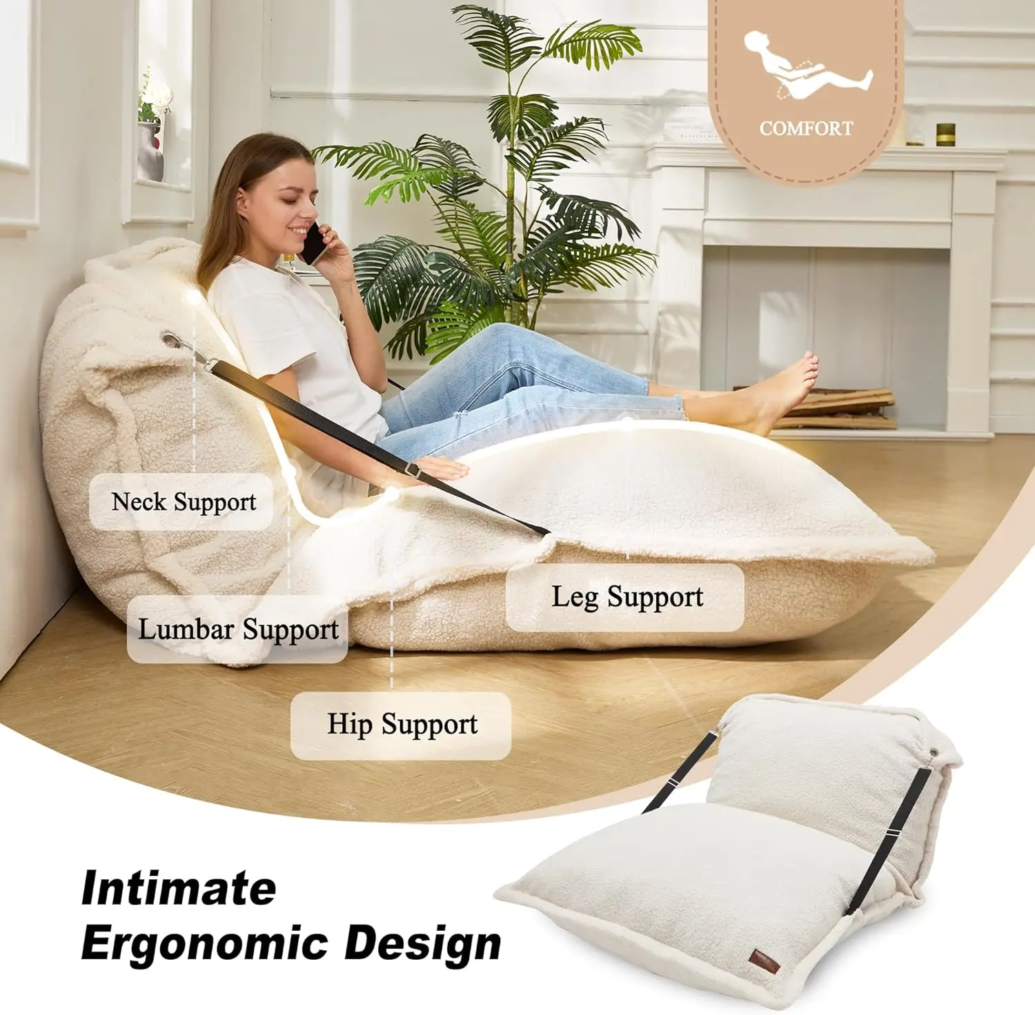 Giant Bean Bag Chair, Bean Bag Sofa with Adjustable Backrest, Bed with Filling and Detachable Sherpa Cover, La