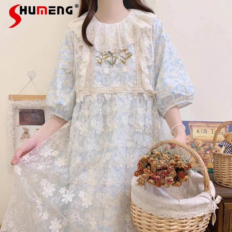 

New Japanese Summer Blue Floral Short Sleeve Dress Lace Lotus Leaf Lapel 2 Pieces Fairy Dresses Pastoral Girl Vestidos De Mujer