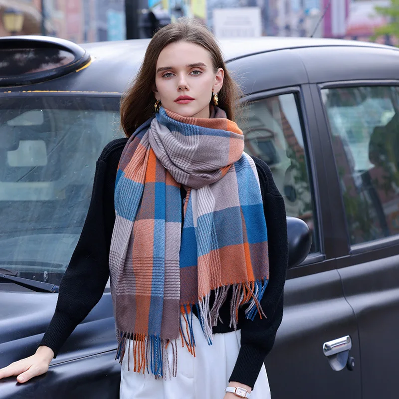 

New Fashion Trend Rainbow Contrast Plaid Fringe Women's Scarf Autumn and Winter Warmth Thickened Neckline Clothing Accessories