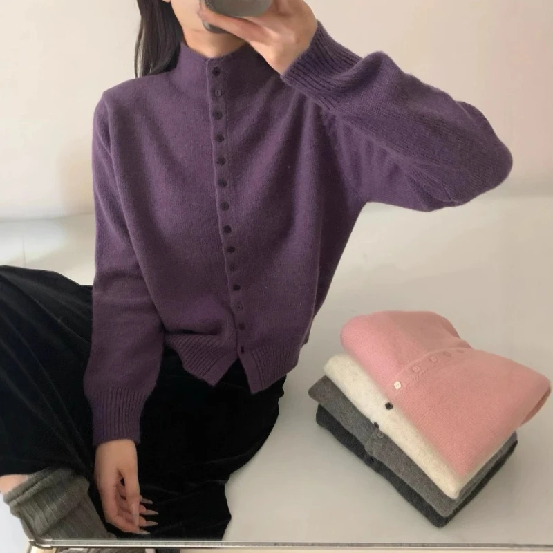 New Soft Comfortable Stand-Up Collar Sweater Cardigan Women Simple Single Breasted Cardigans Coat Autumn Solid Knitted Outerwear