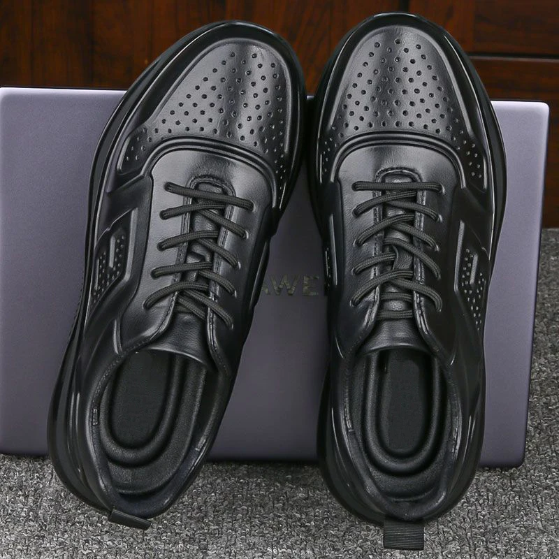 Genuine Leather Shoes Men Business Sports Luxury Cowhide Sneakers Hollow Breathable Hole Casual Running Soft Bottom Lightweight