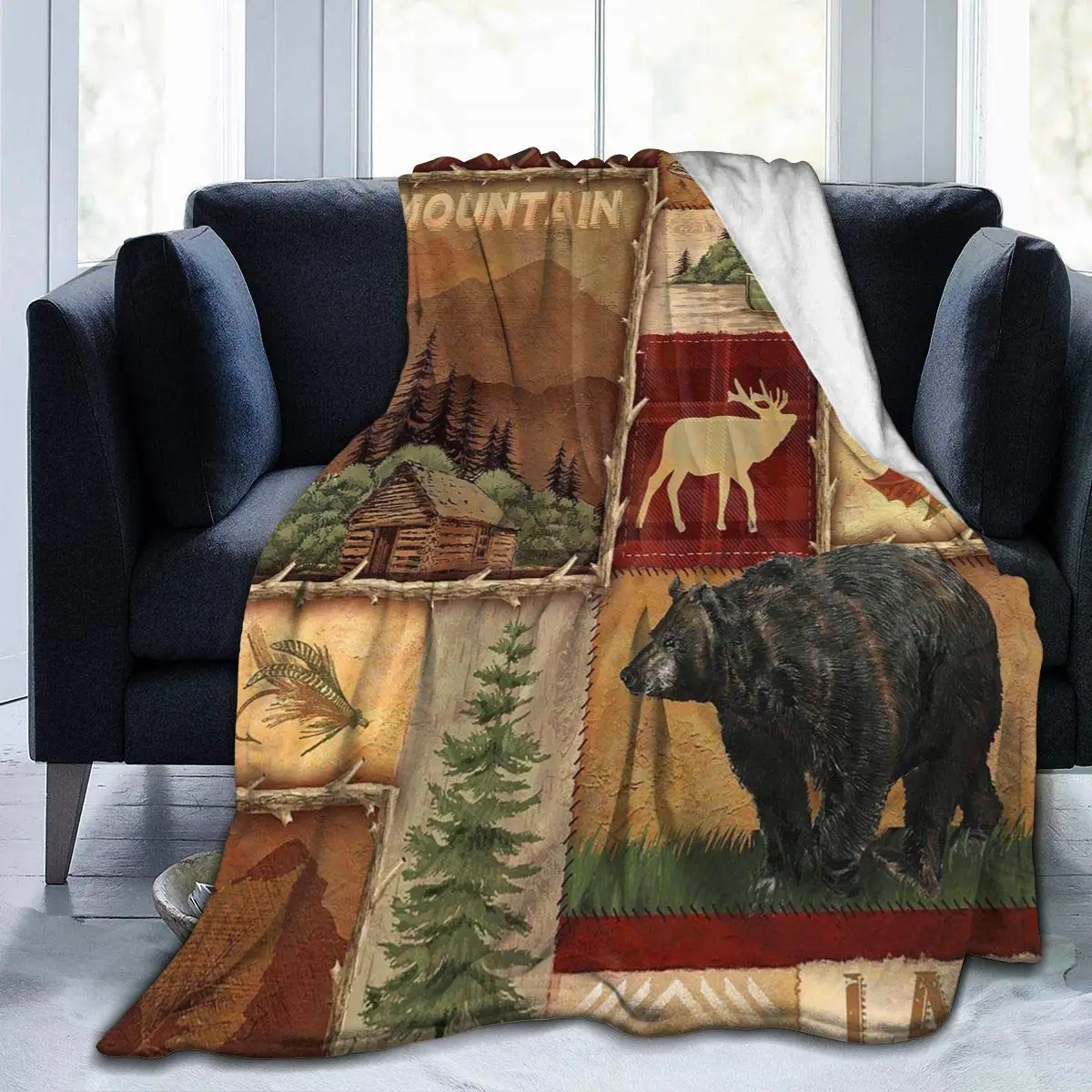 

Camping Blanket Outdoor Wildlife Bear Moose Deer Pattern Flannel Fleece Throw Blanket Super Soft Bed Cover for Travel Picnic Rug