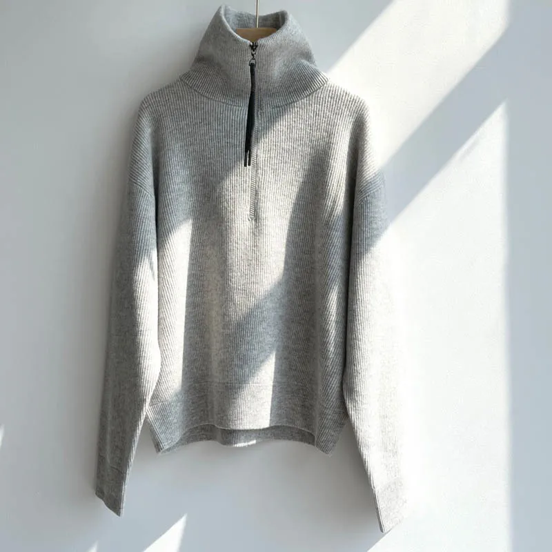 

12.30 Women's High Quality Cashmere Knitwear Simple Fashion Half Zipper Design Casual Loose Solid Color Sweater
