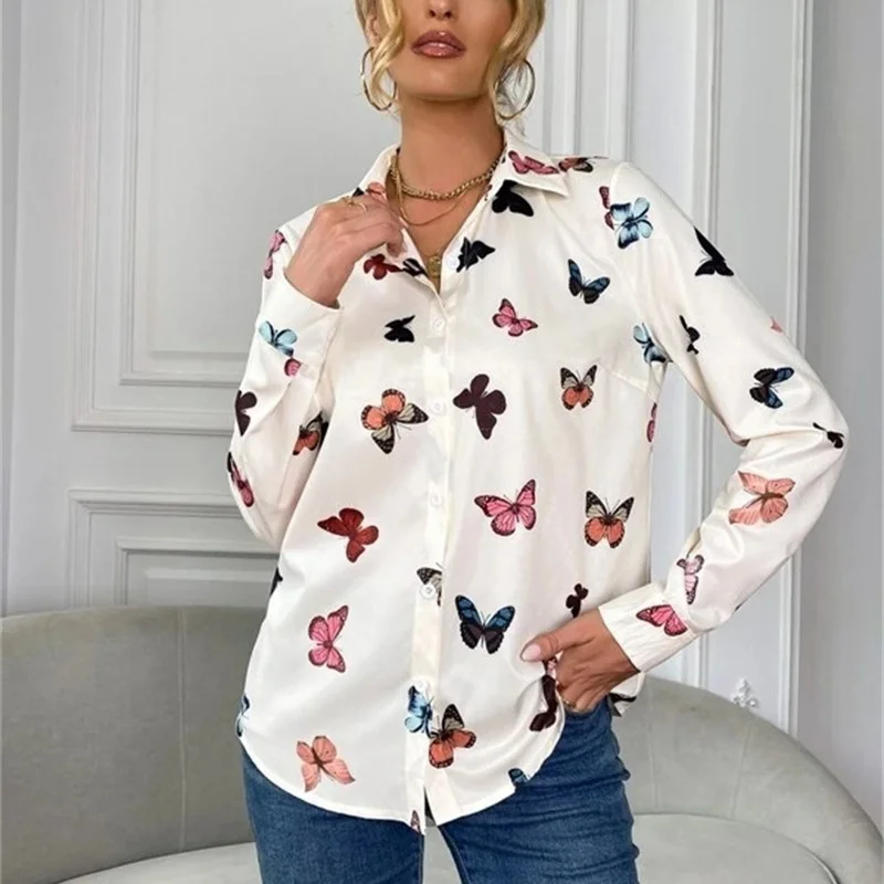 Elegant Butterfly Love Heart Print Shirt Female Autumn Lapel Single-breasted Cardigan Long Sleeve Blouse Women Commuter Tops 5XL