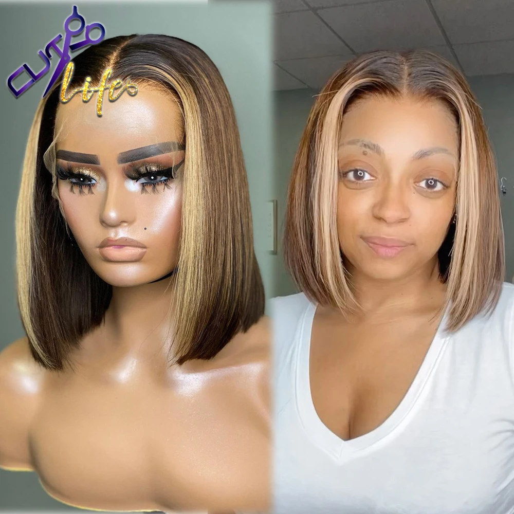 Highlight Short Bob Straight Lace Front Wig Human Hair Lace Closure Wig Remy Brazlian Hair Natural Preplucked With Baby