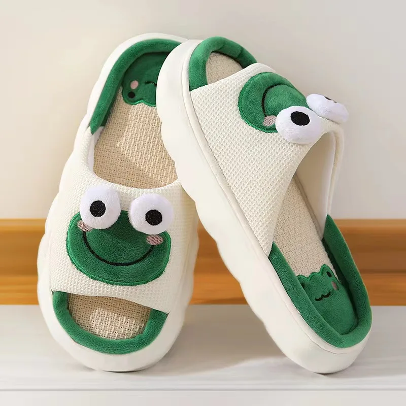 Donne Cartoon Frog pantofole inverno caldo Indoor Home Slides lino suola spessa coppia pantofola camera da letto scarpe antiscivolo sandali