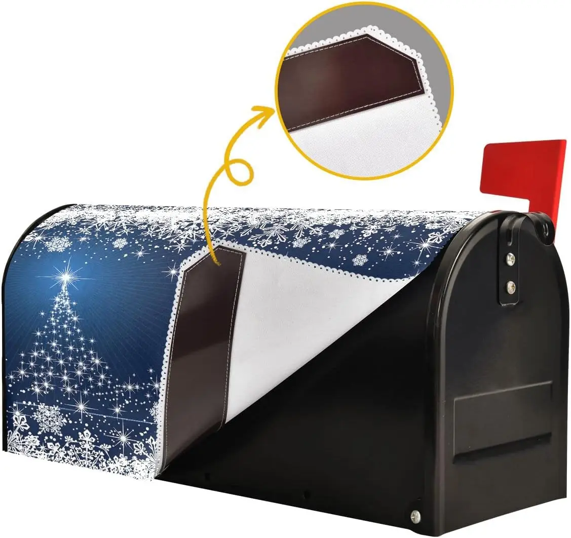 Merry Christmas Tree Magnetic Mailbox Cover, Standard Winter, Snowflake, Snow, Blue, White, Xmas Mail Box Covers, Decals Wrap, P