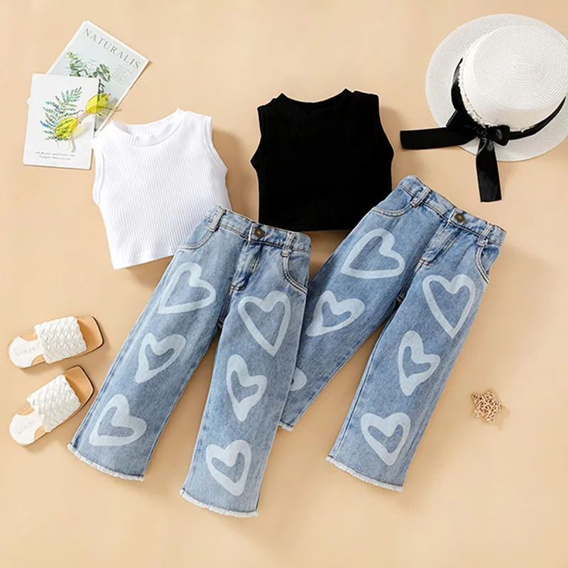 

1-6Y Kids Girls Summer Clothes Set Sleeveless Knitted Ribbed Vest Heart Print Denim Jeans Children Fashion Pants Outfits Set