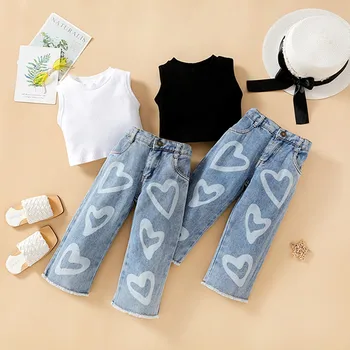 1-6Y Kids Girls Summer Clothes Set Sleeveless Knitted Ribbed Vest Heart Print Denim Jeans Children Fashion Pants Outfits Set 1