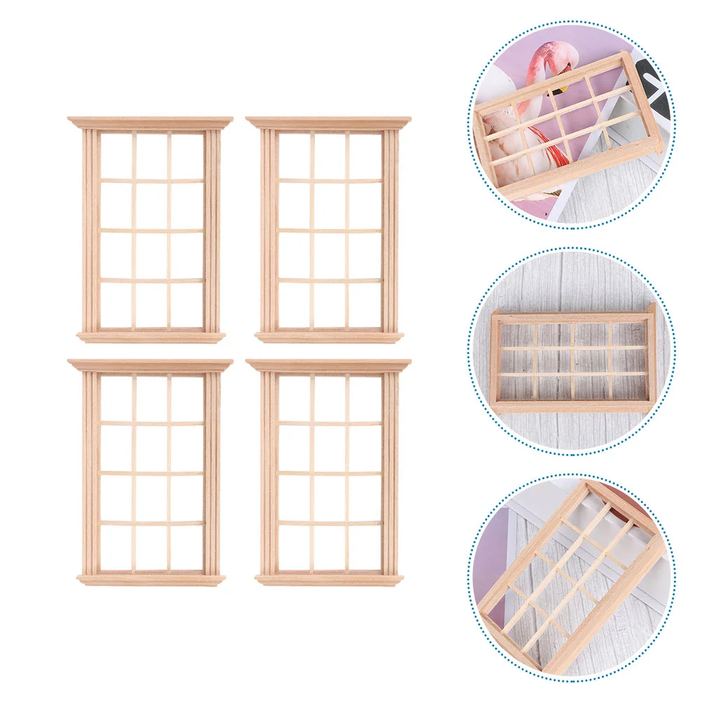 

4 Pcs Mini Window Model Frame House Decor Dollhouse Home Wooden Child Small