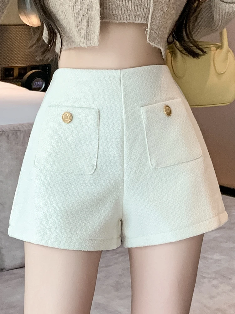 

QOERLIN Korean Fashion Black Women Tweed Shorts Side Zipper Pocket Shorts Wide Leg Shorts Female High Waist A-Line Slim Shorts