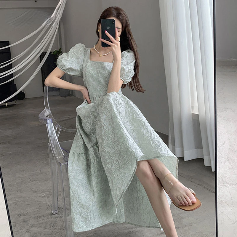 

Vintage Green Dress Women French Elegant Square Collar Puff Sleeve Flower Printed Backless Midi Dress Ladies Retro Chic Korean