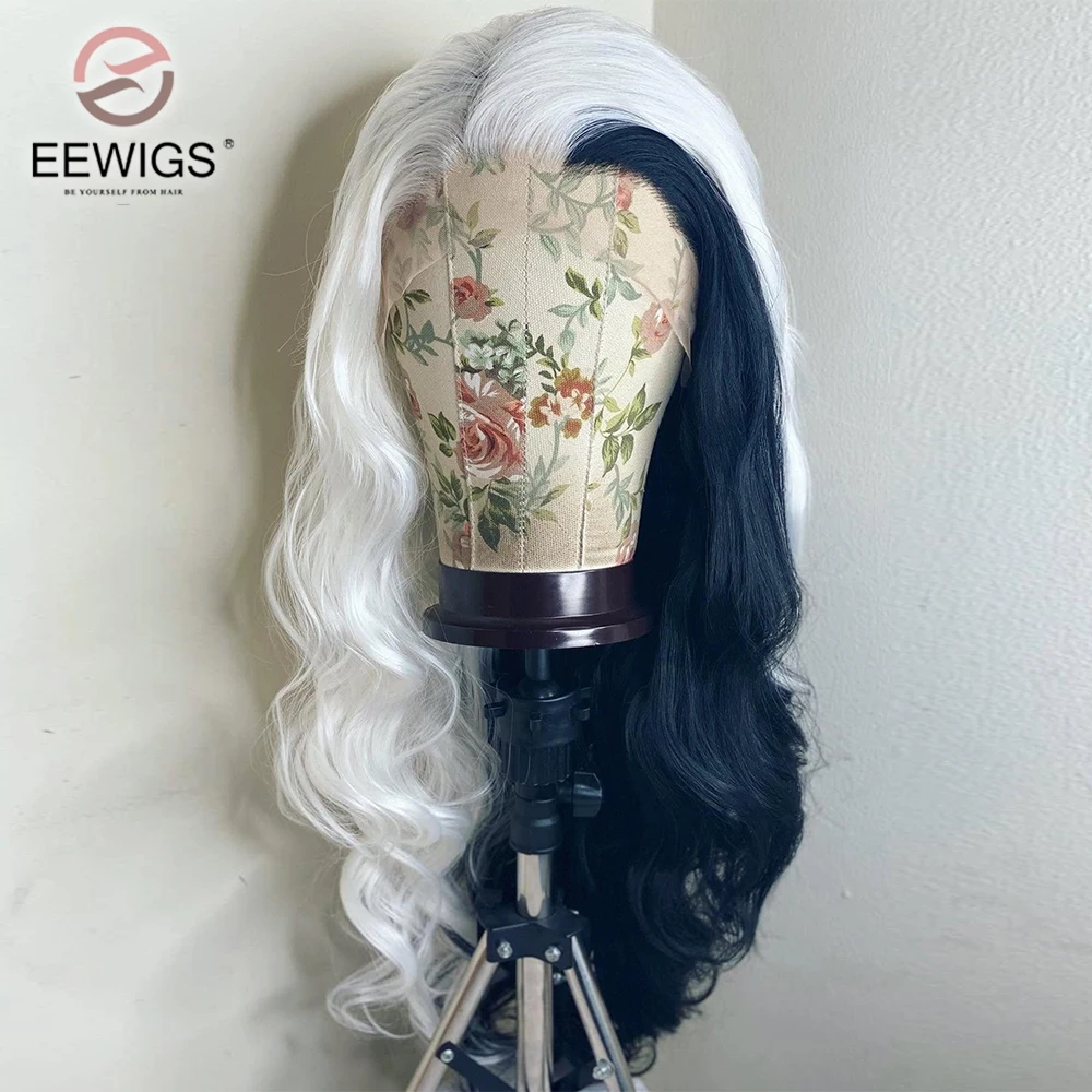 

Body Wave Black Half White Synthetic Glueless Lace Front Wig Highlight Heat Resistant Fiber For Women Cosplay Party Drag Queen