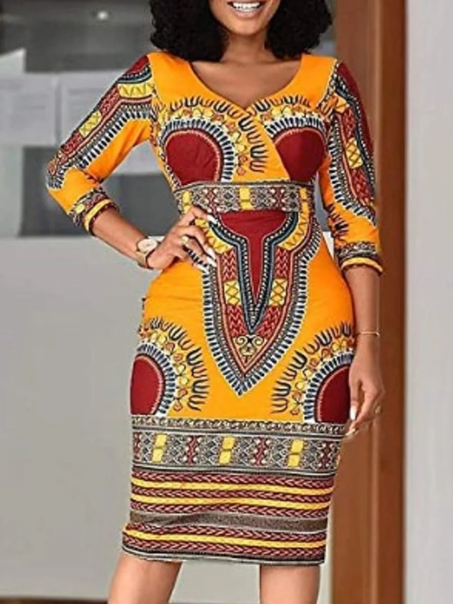 

LW Boho V Neck African Print Bodycon Dress Three Quarter Knee Length Tribal Elegant Dresses Sheath Trendy Women's Clothings